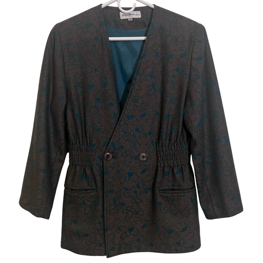 Vintage Dodwell Wool Blazer in Teal and Grey Floral, Women's Size 12